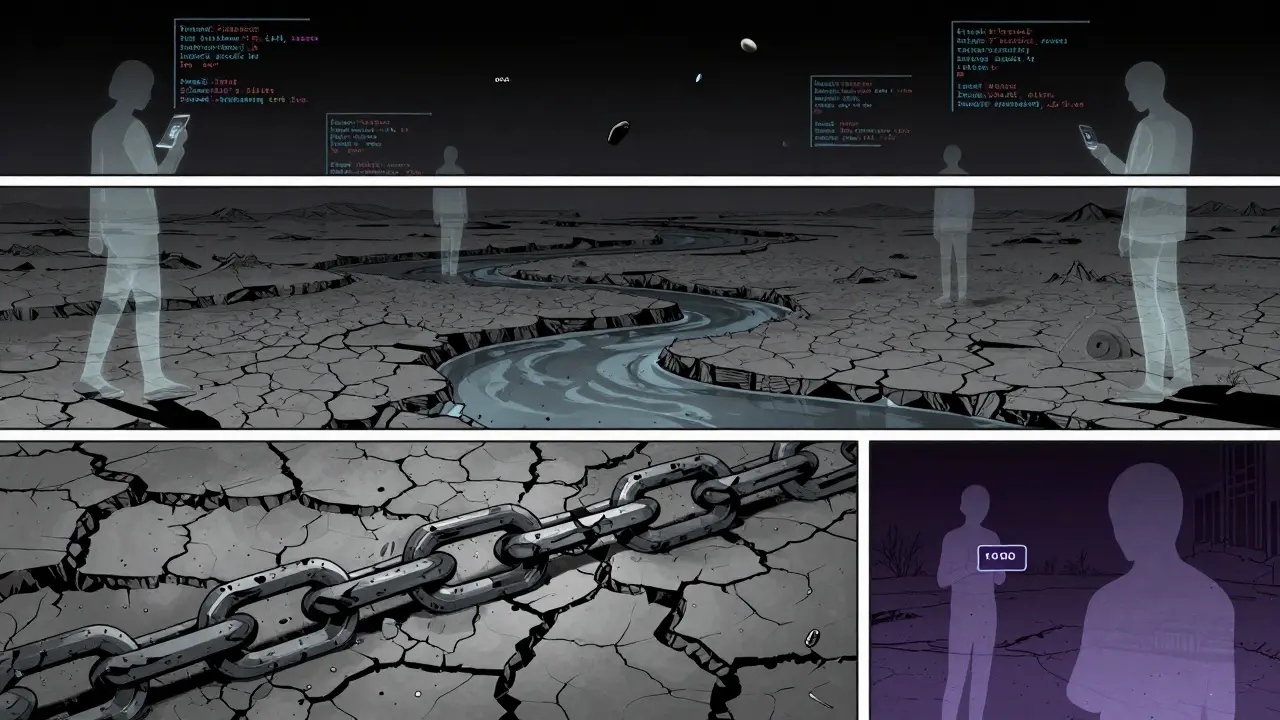 Desolate comic scene of abandoned blockchain ruins and empty liquidity pools.