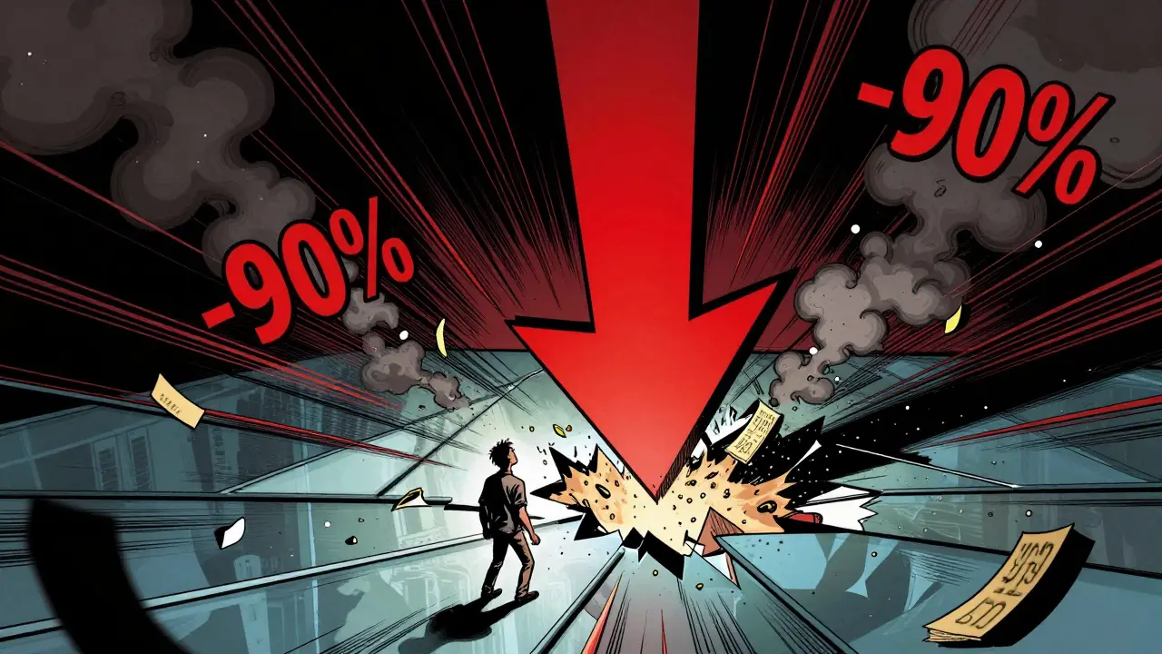 Dramatic comic art showing a massive price crash wiping out an investor's funds.