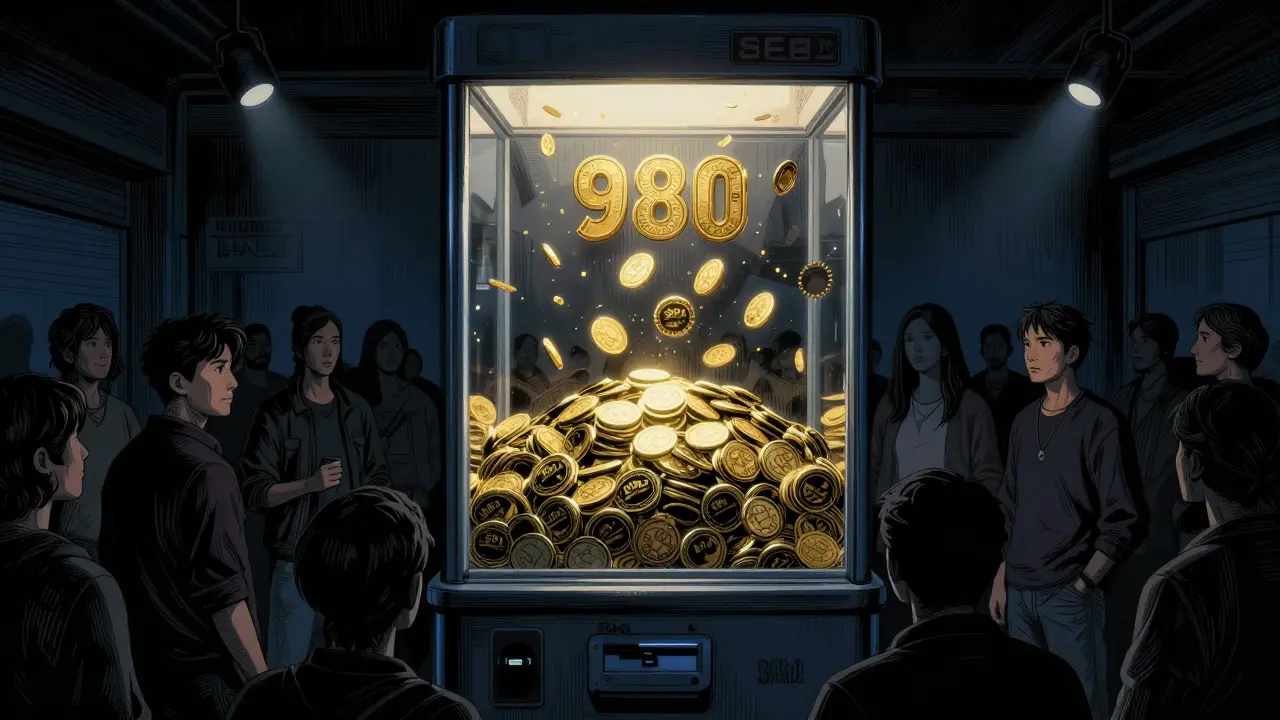 Dramatic lottery capsule drawing gold tokens in graphic novel art