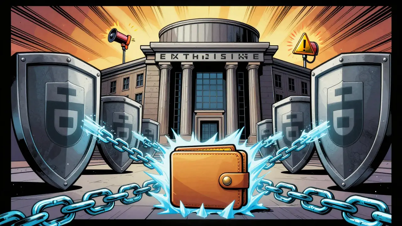 Exchange building freezing illicit funds with shield icons in comic book style