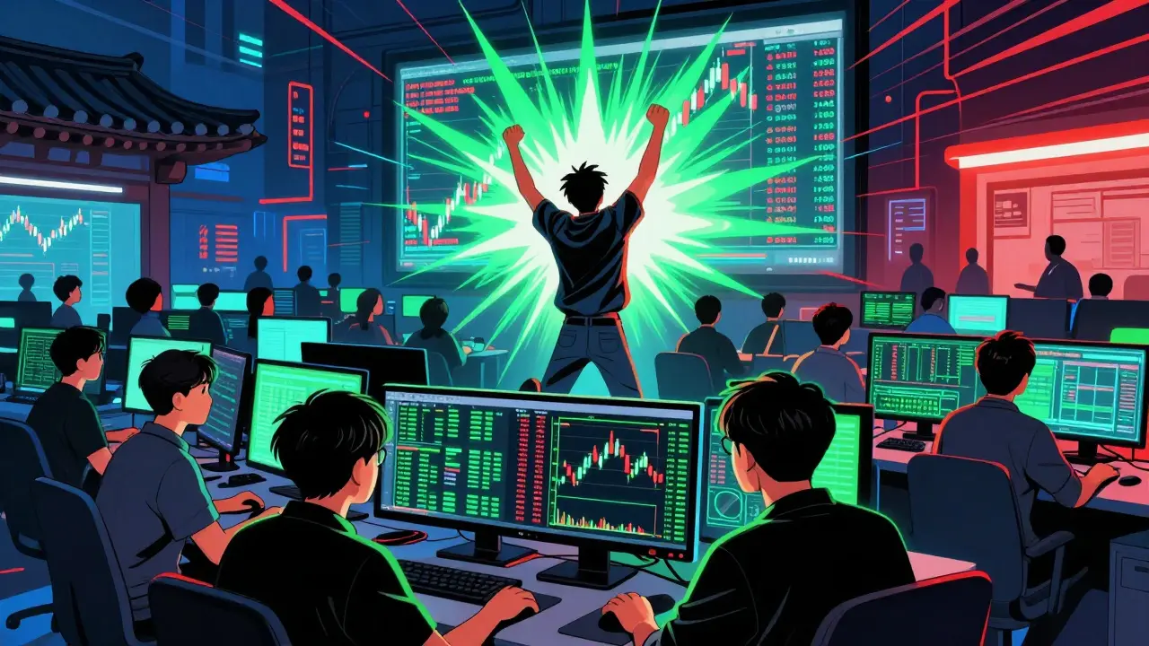 Excited Korean traders reacting to a crypto listing surge in a busy trading room