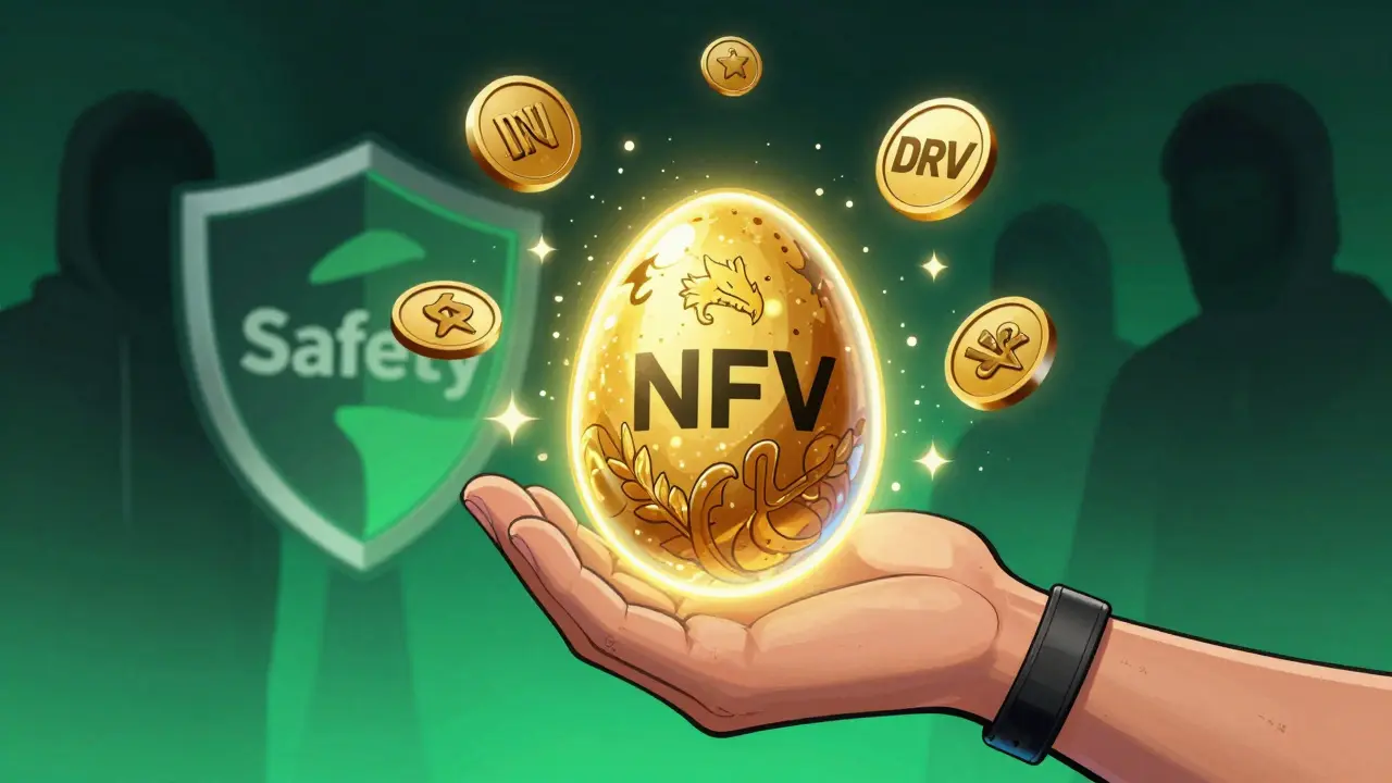 Glowing NFT rewards and tokens received safely by a user in a graphic novel scene.