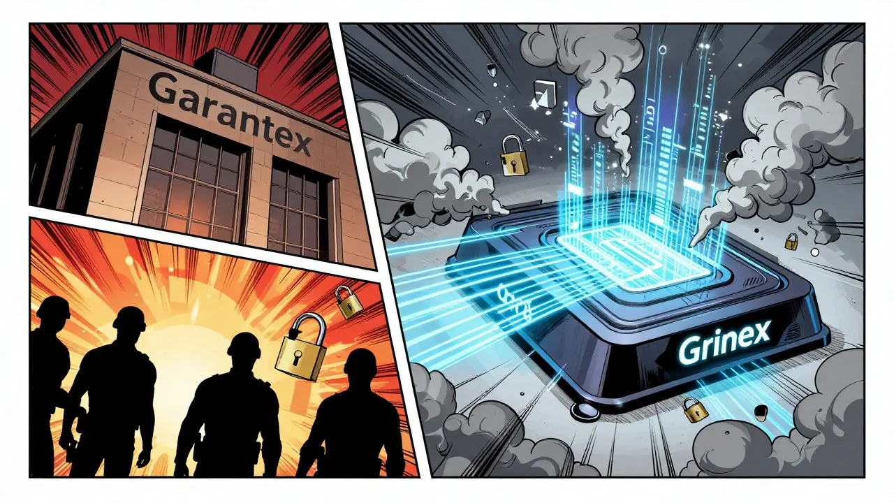 Graphic novel scene of Garantex shutting down while Grinex platform emerges