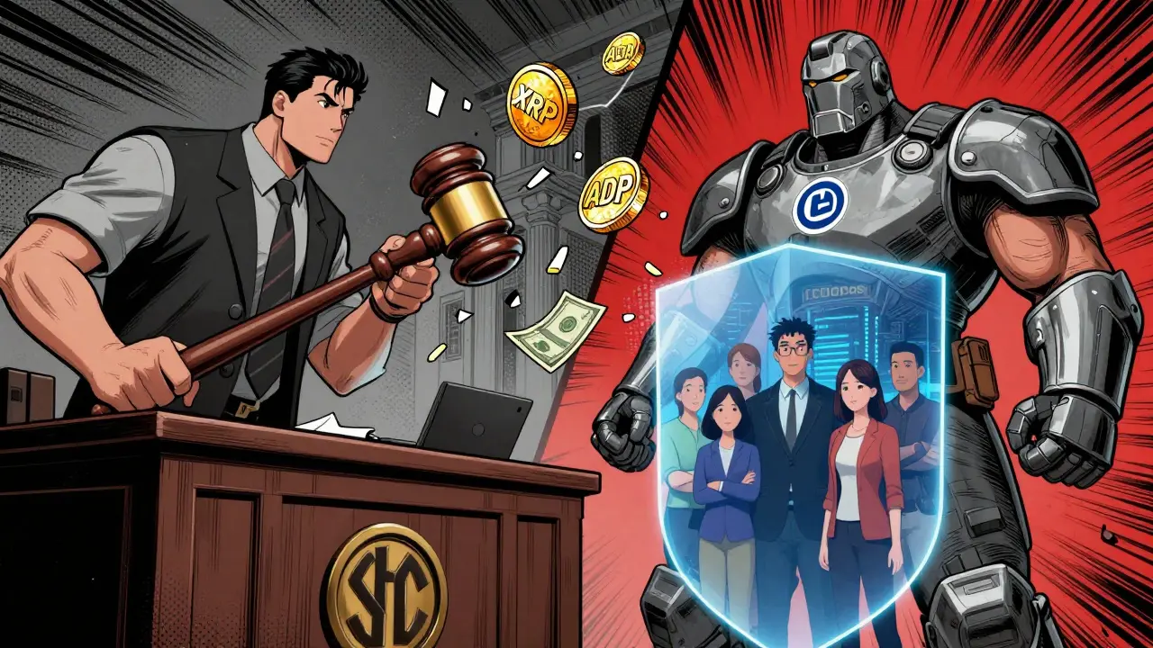 Graphic novel scene of SEC regulations forcing delisting of XRP and ADA tokens from exchanges.