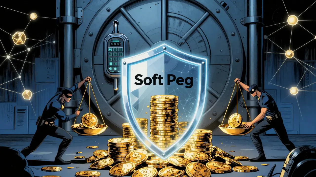 Graphic novel style image of USDS stability shield backed by crypto collateral vaults