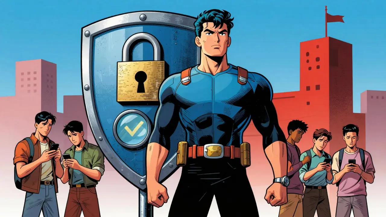 Hero protecting users with a security shield in comic art