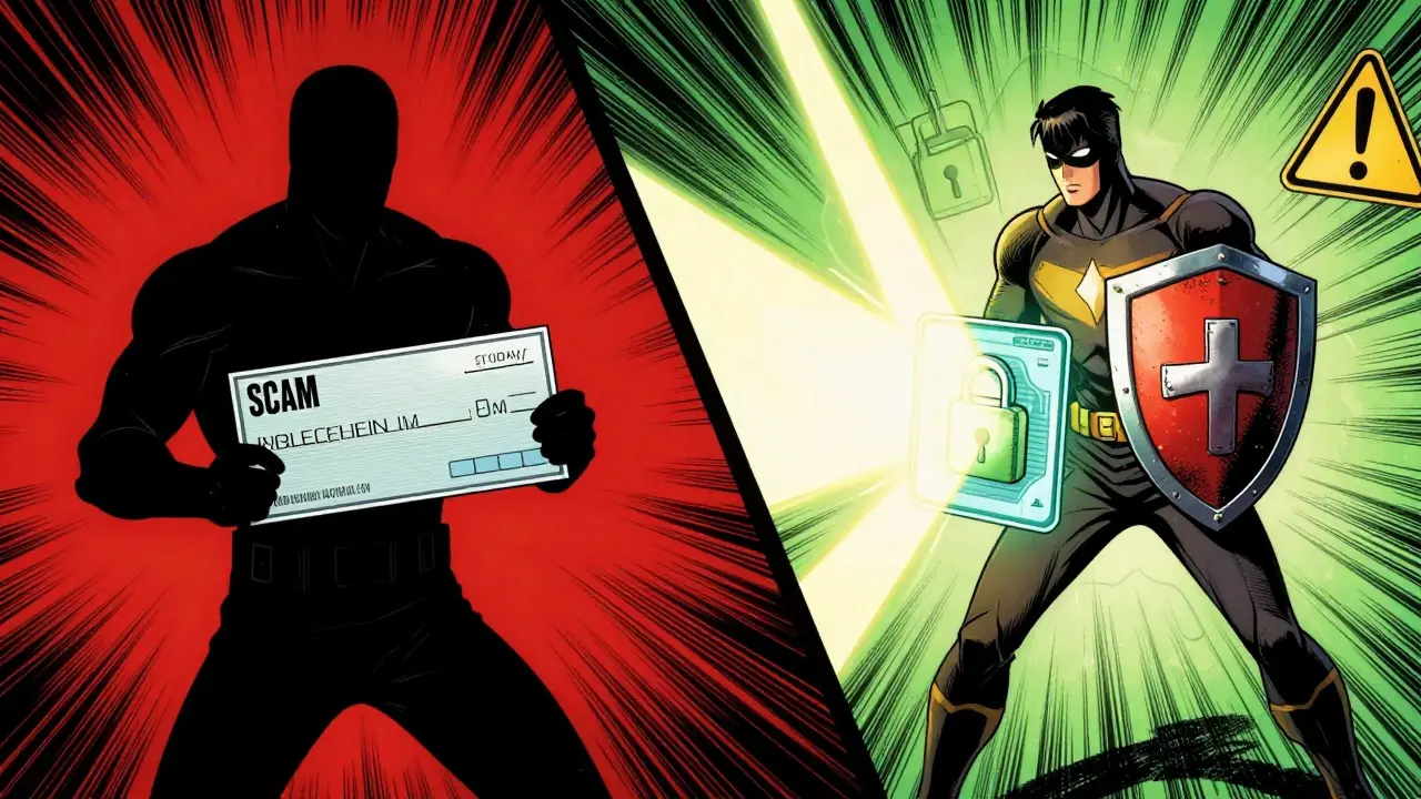 Heroic figure protecting digital wallet from scam threats in comic style