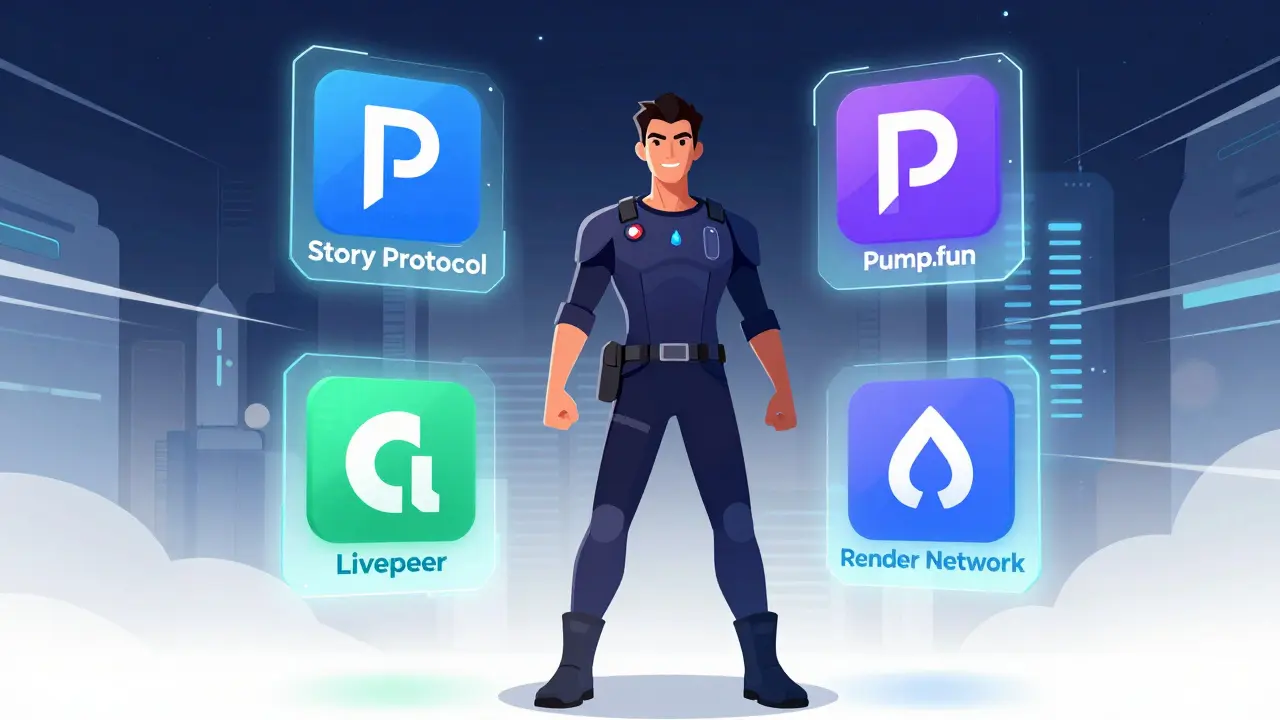 Heroic figure surrounded by logos of real crypto projects like Story and Pump.fun.