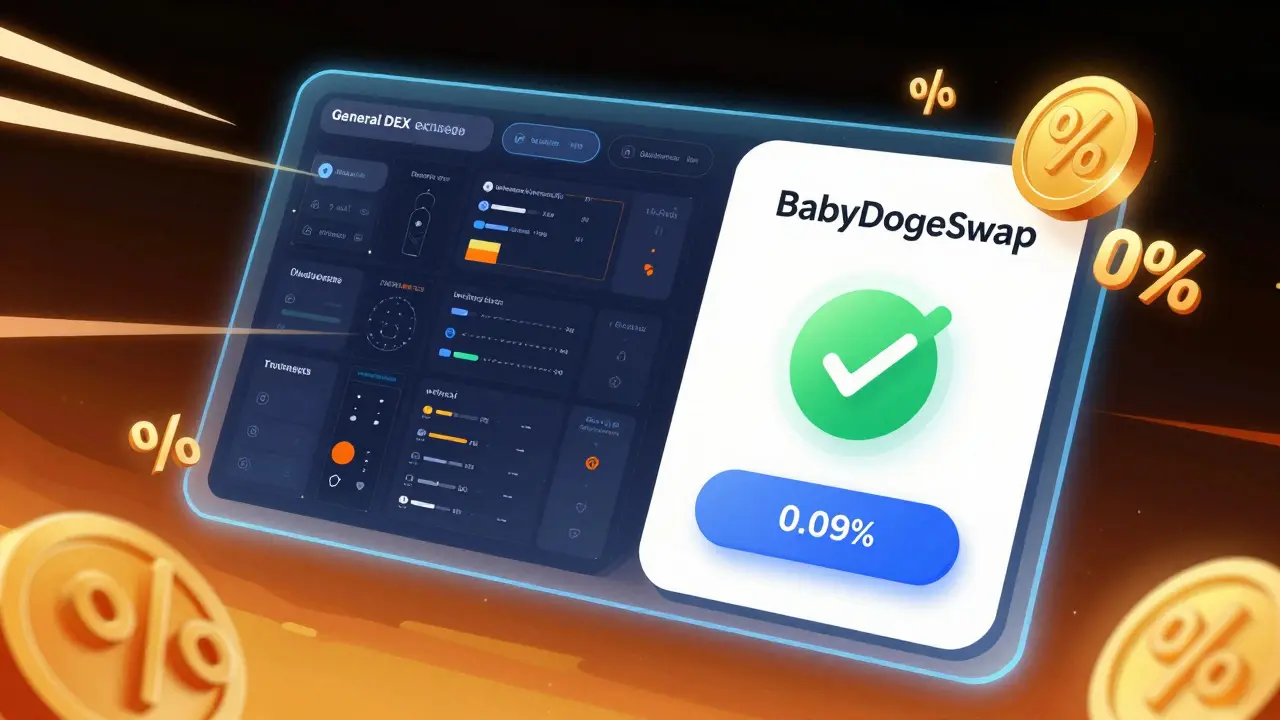 Holographic display comparing a clean BabyDogeSwap interface with lower fees against a cluttered competitor