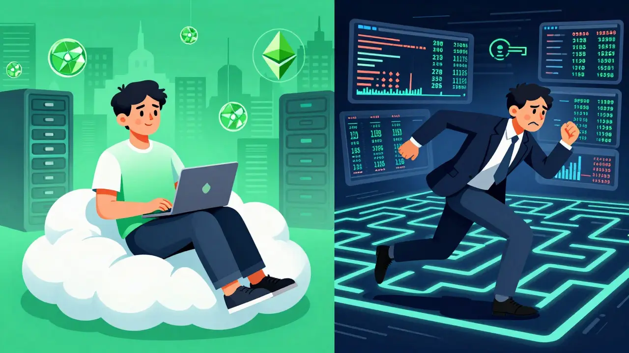 Illustration contrasting passive staking ease with the high fees of active crypto trading.