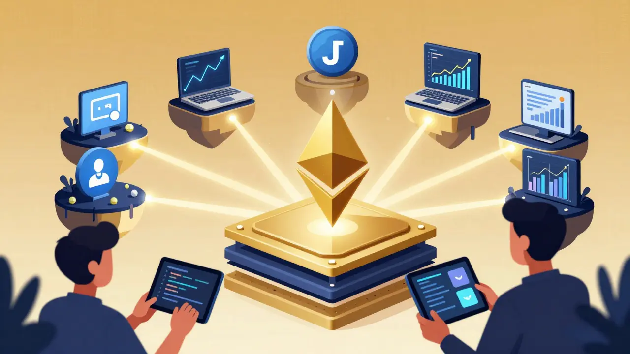 Interconnected blockchain modules floating above a central security layer