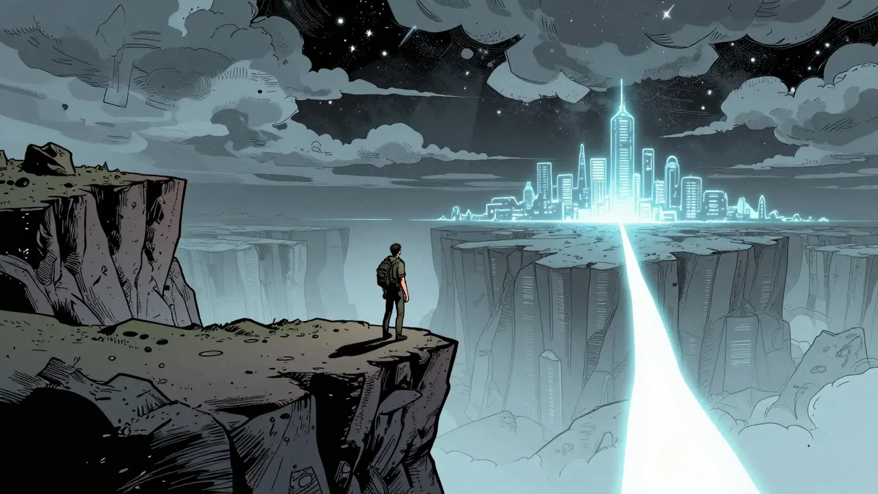 Lone figure on a cliff overlooking a risky but promising digital path