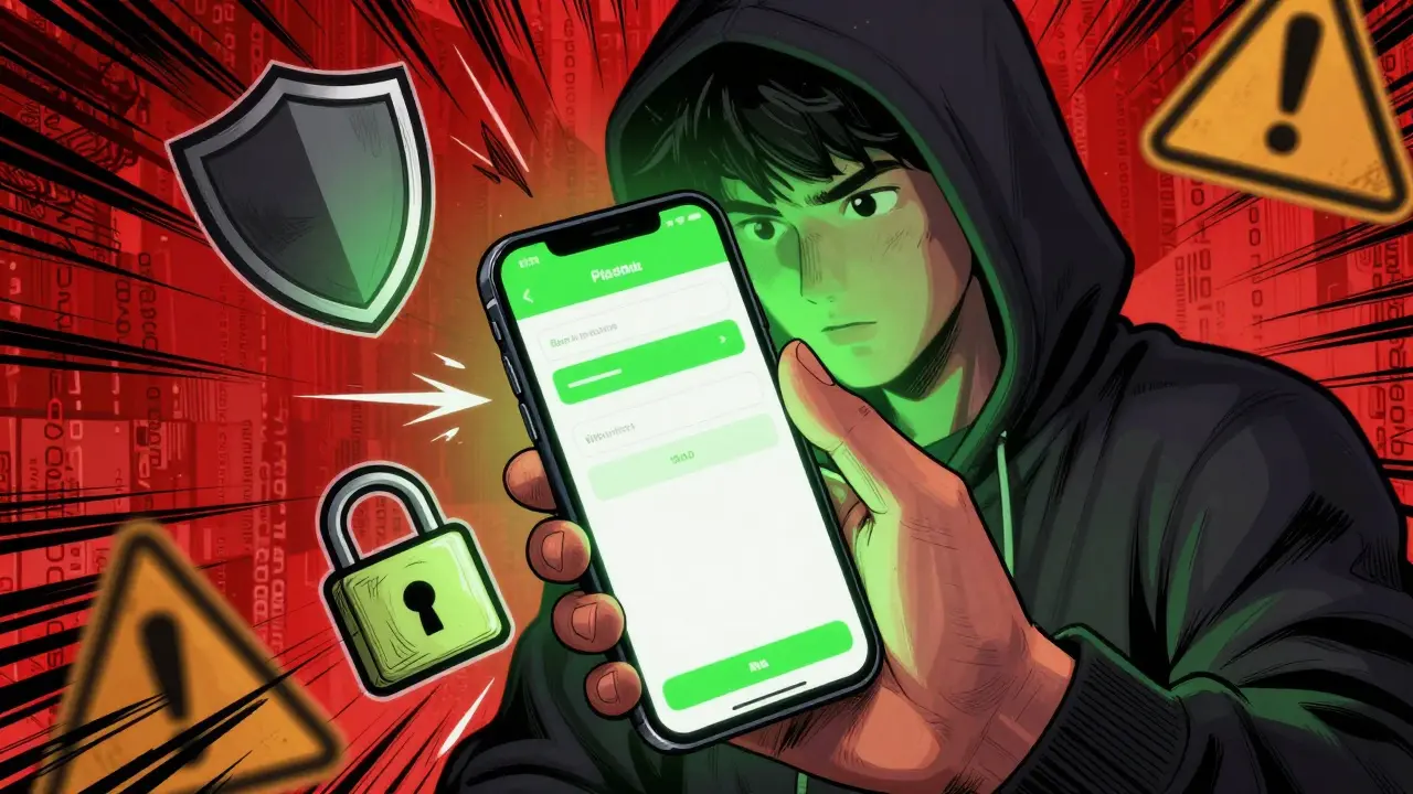Person checking crypto wallet on phone with security shields