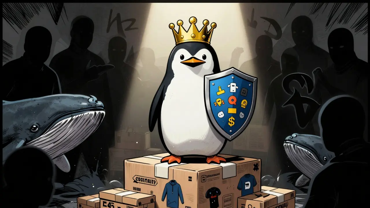 Pudgy Penguin defending brand value against market risks in comic book style