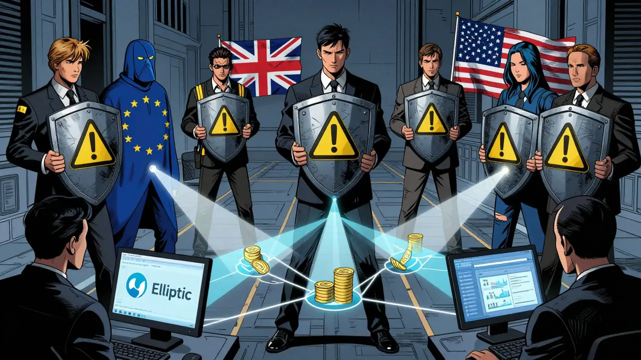 Regulatory figures blocking crypto exchange pathways with analytics scanners