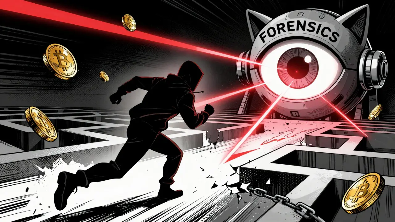 Shadowy crypto criminal being tracked by a giant forensic eye in graphic novel art