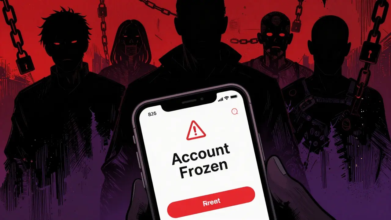 Smartphone showing frozen account warning with shadowy regulators