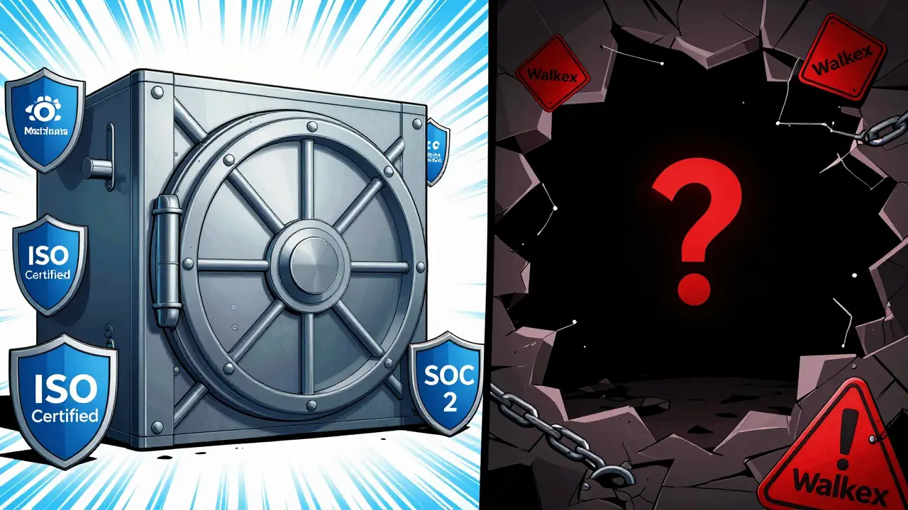Split panel comic comparing a secure crypto vault with an empty, unsafe void for Walkex.