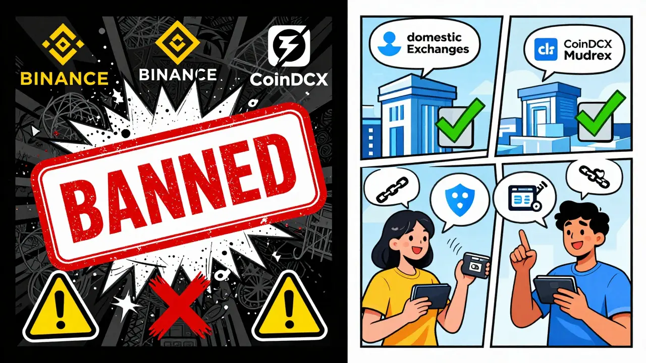 Split panel showing banned global exchanges vs safe local ones