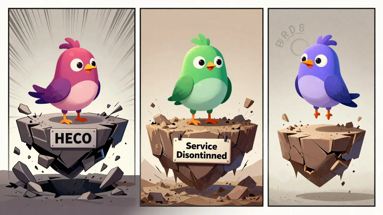 Three bird characters on crumbling platforms representing confused crypto projects