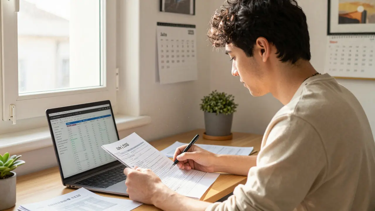 Trader reviewing records in sunny apartment with July 2026 calendar