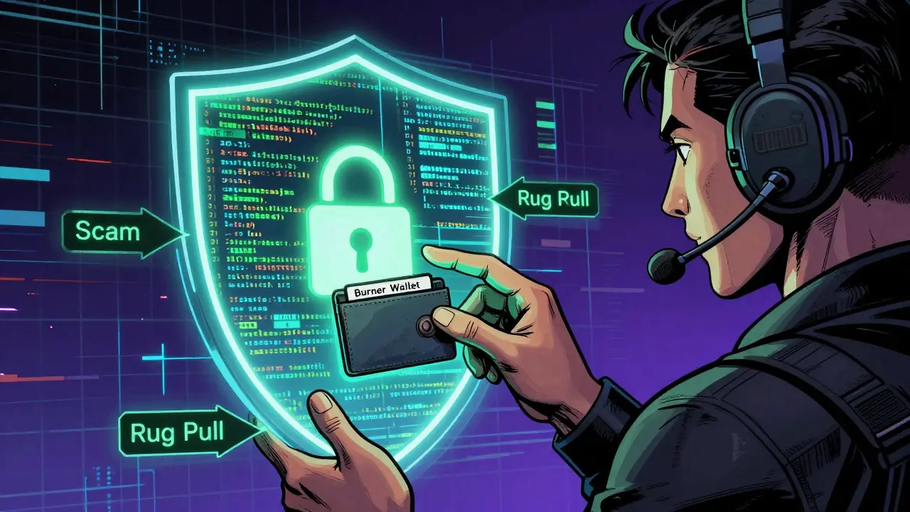 Trader using security shields to protect against crypto scams and market risks.