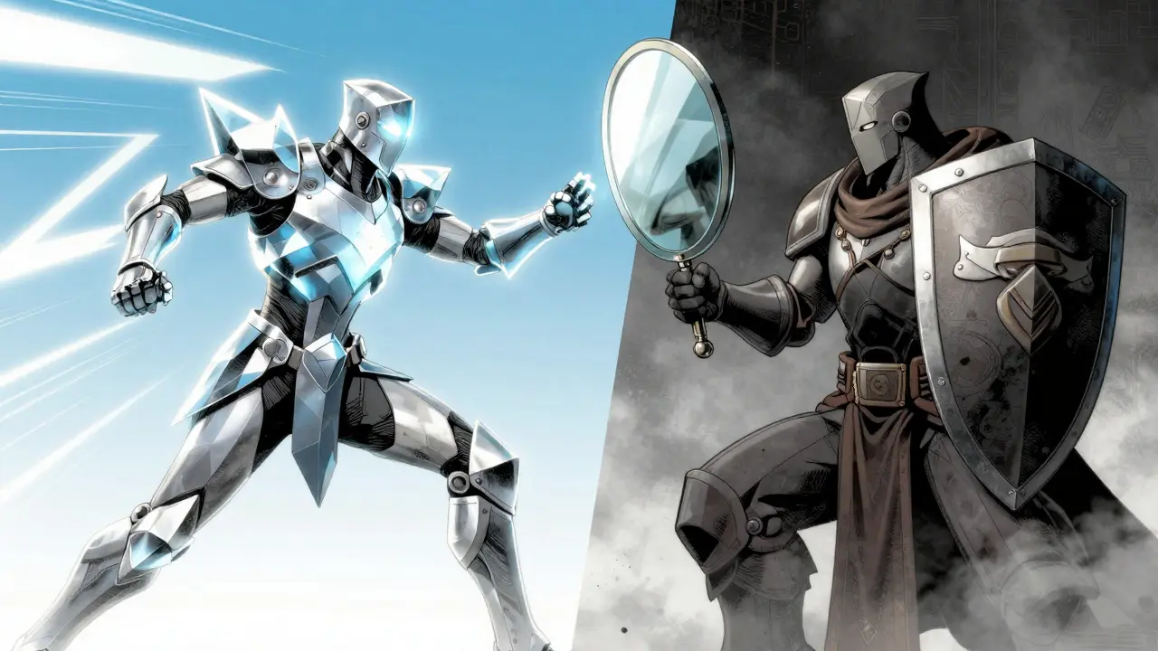 Two armored figures representing ZK and Optimistic rollup technologies facing off