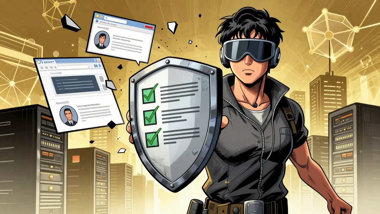 User blocking scams with a shield of verification checks in comic style.
