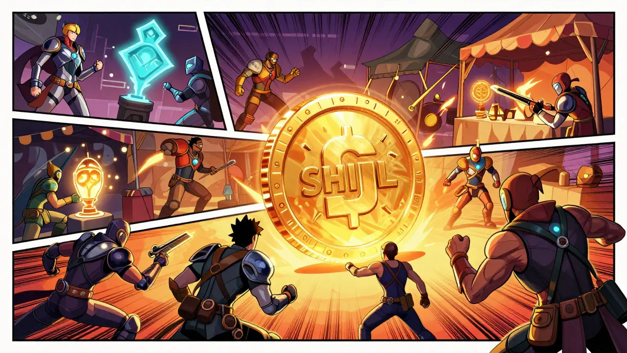 Vibrant comic scene of characters trading digital assets and tokens
