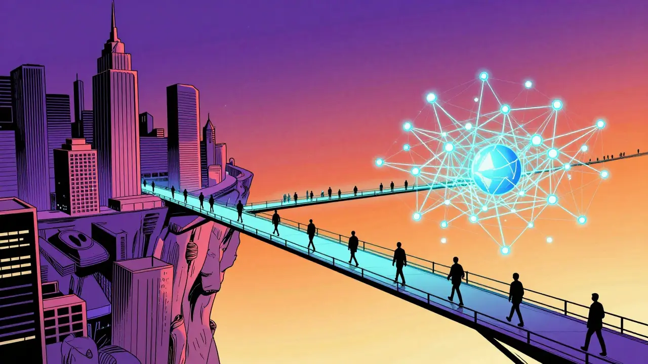 A glowing bridge connecting two blockchain ecosystems in a comic book illustration