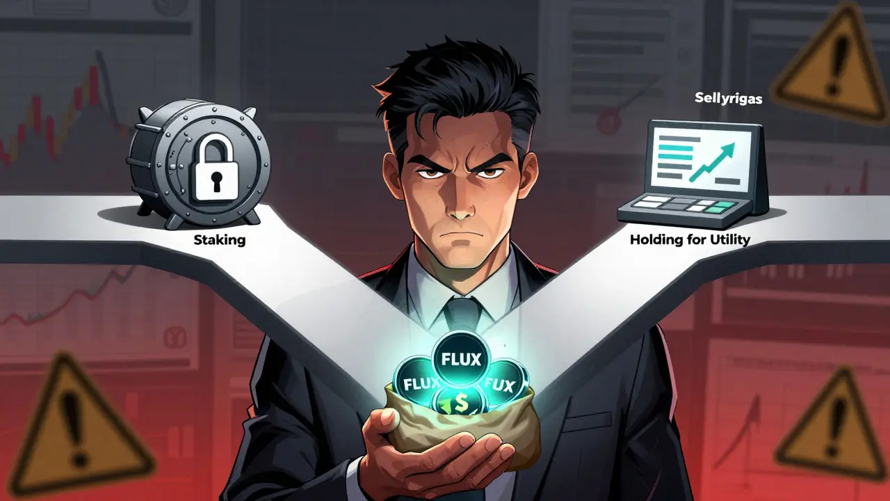Character deciding between staking, holding, or selling crypto tokens in comic style