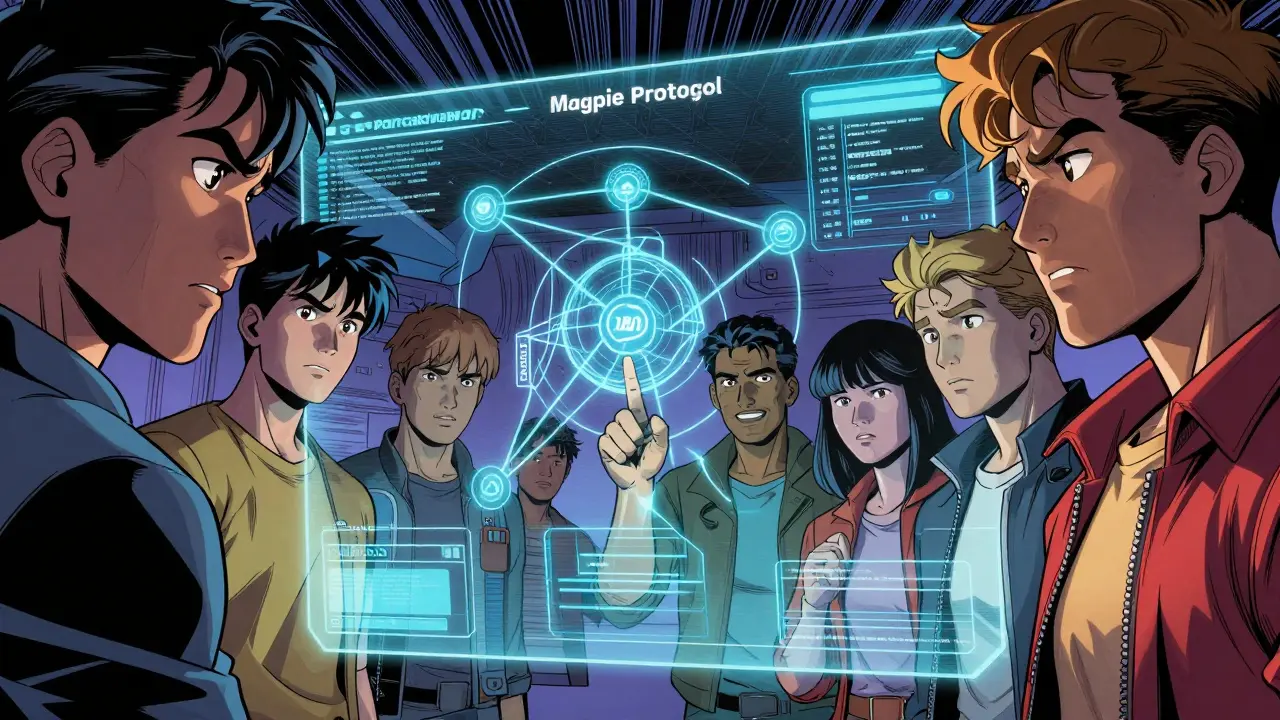 Characters analyzing a holographic SubDAO network in a comic style
