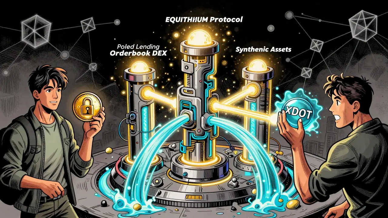 Comic art of Equilibrium DeFi ecosystem with connected liquidity pools