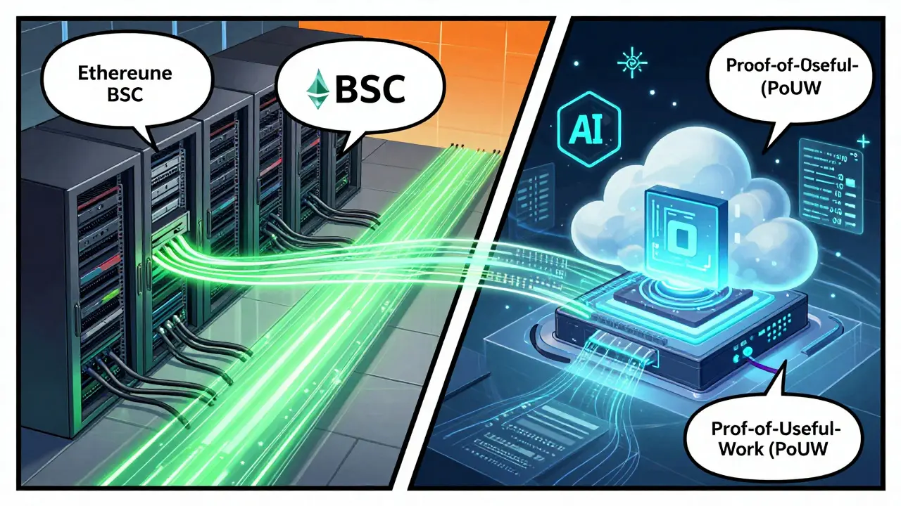 Comic art showing connected blockchain networks and AI processing centers merging