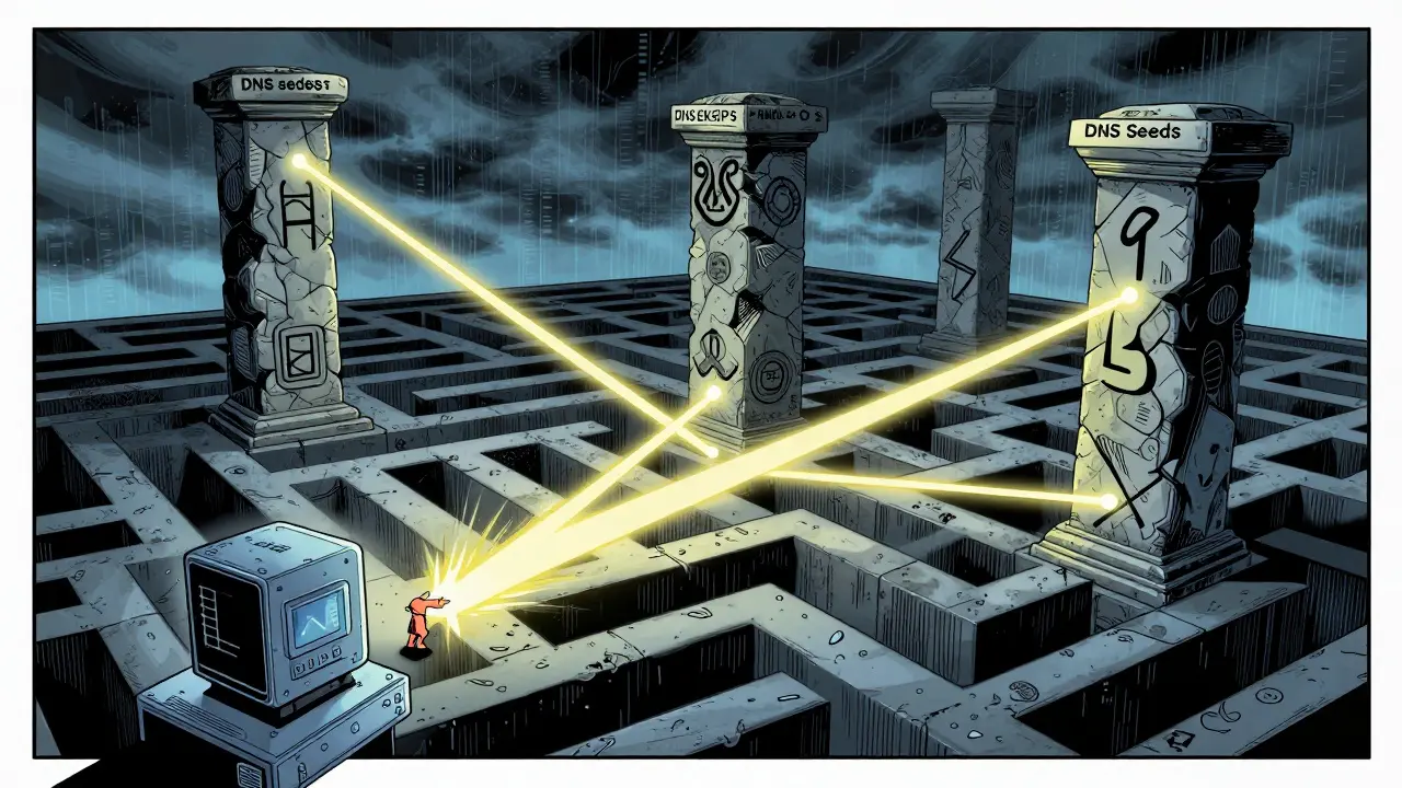 Comic book art showing a new node connecting to resilient DNS seed pillars to join the Bitcoin network.