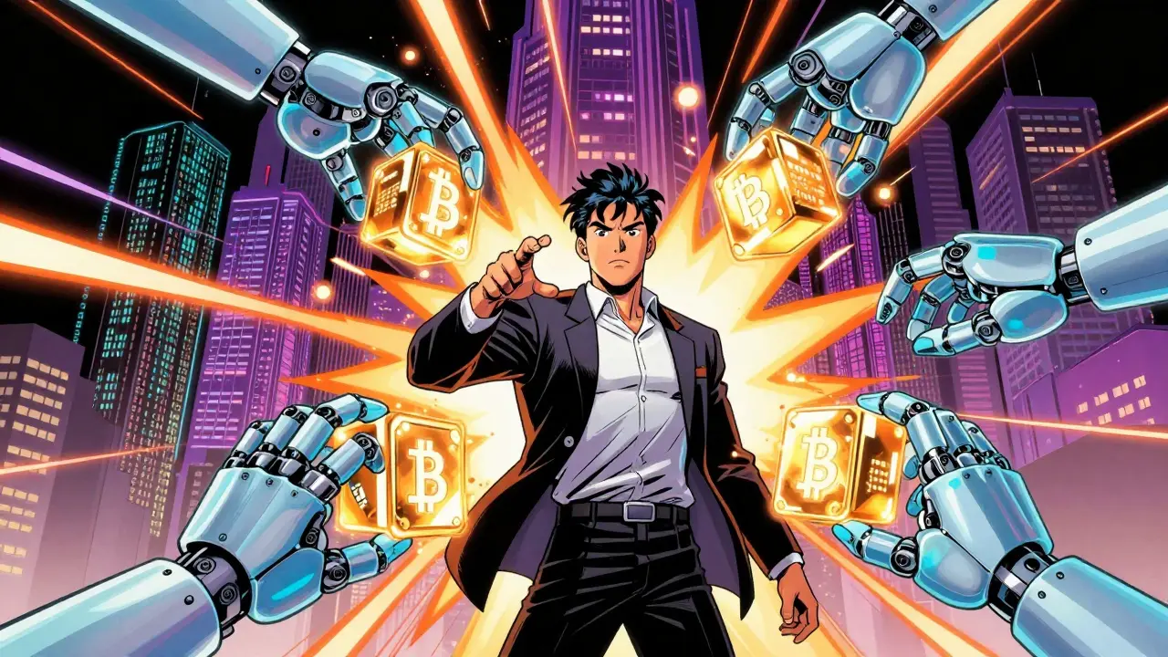 Comic book art showing AI agents and analysts interacting with glowing blockchain data streams.