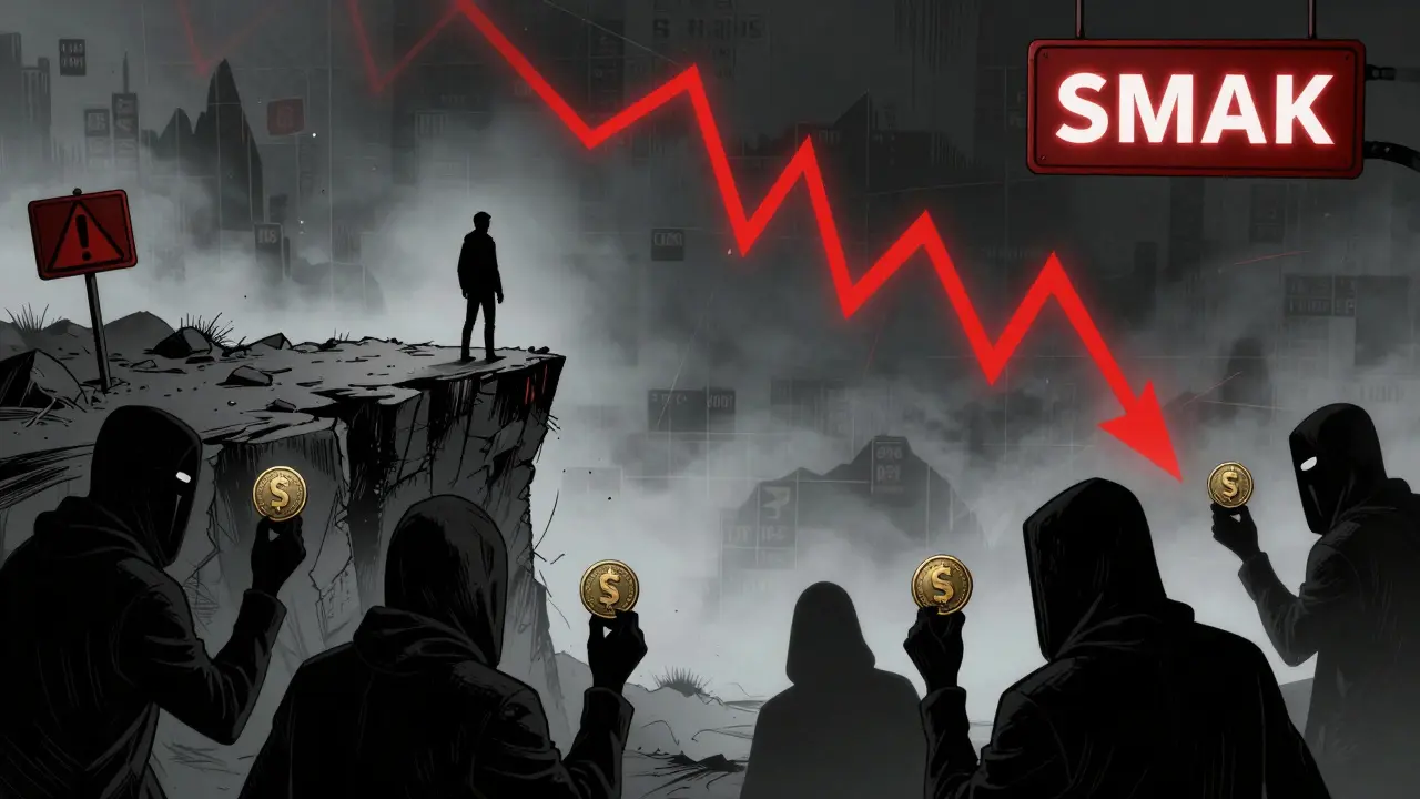 Comic book image showing a falling price chart and scammer figures as red flags.