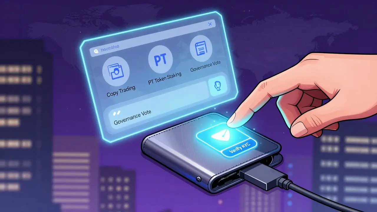 Comic illustration of a hardware wallet and crypto dashboard