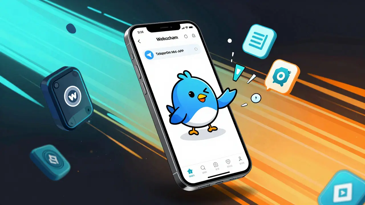 Comic style illustration of a Telegram mini-app with a WatBird character, showing easy mobile gaming access.