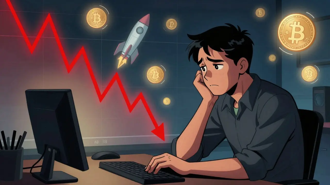 Comic style investor looking at crashing crypto price chart