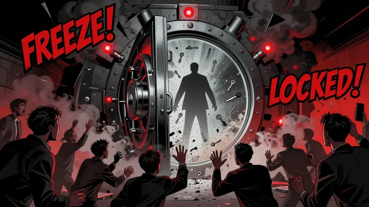 Comic style vault slamming shut as CEO vanishes, investors reach out in panic