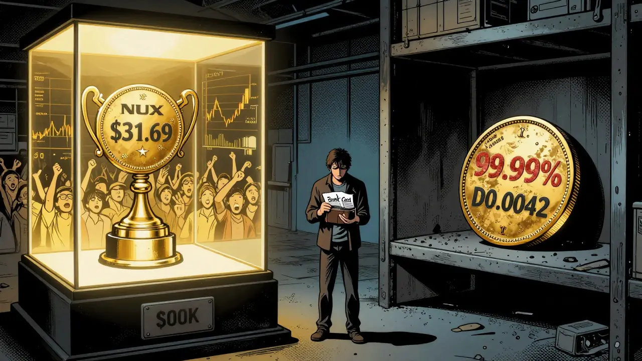 Contrast between NUX token peak value and current low price in a comic book style