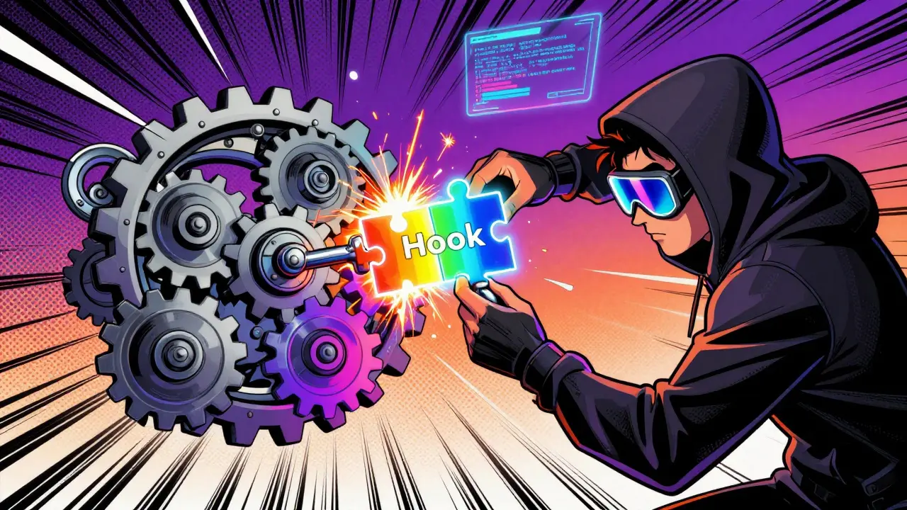 Developer attaching a glowing hook module to a dynamic DeFi gear mechanism