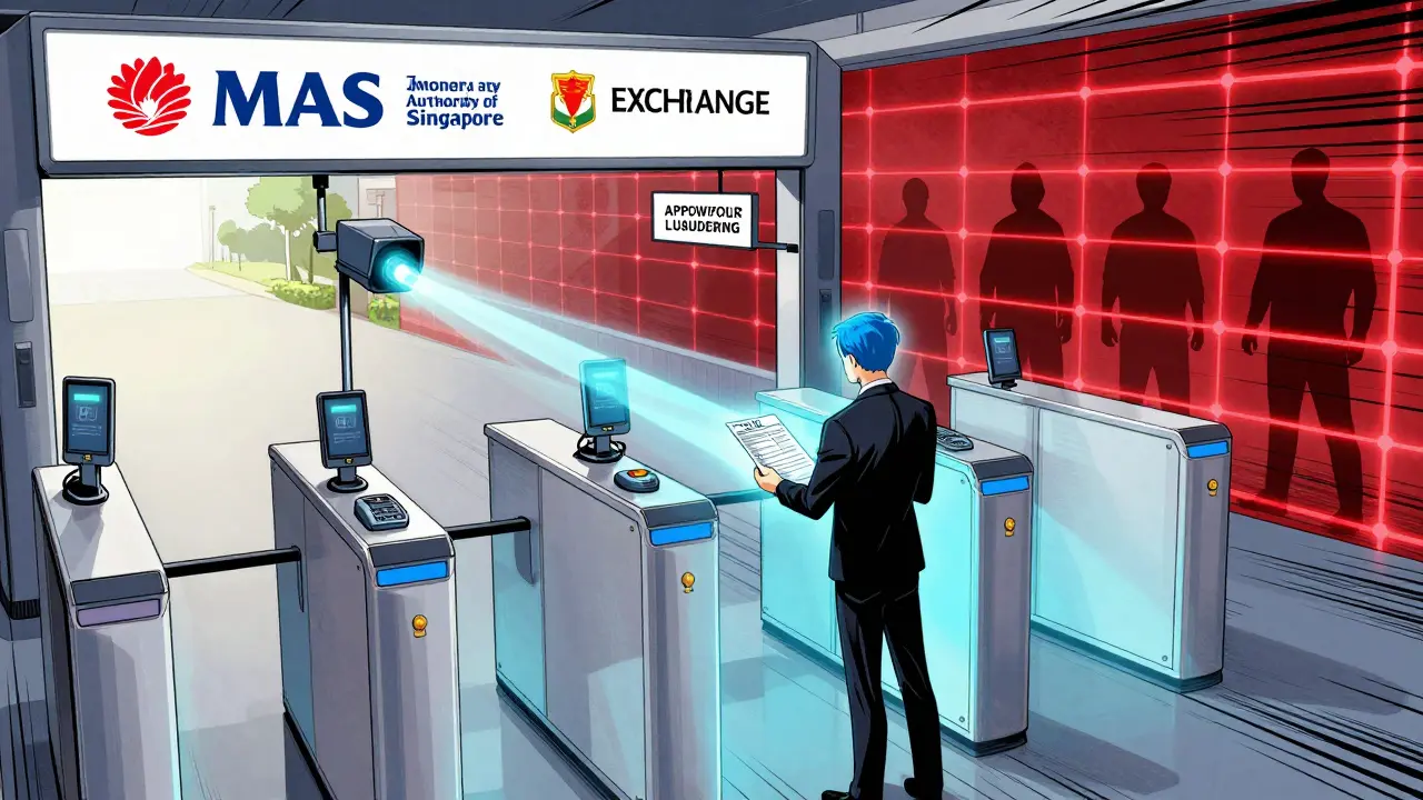Digital investor passing MAS regulatory gate with KYC and AML security scans