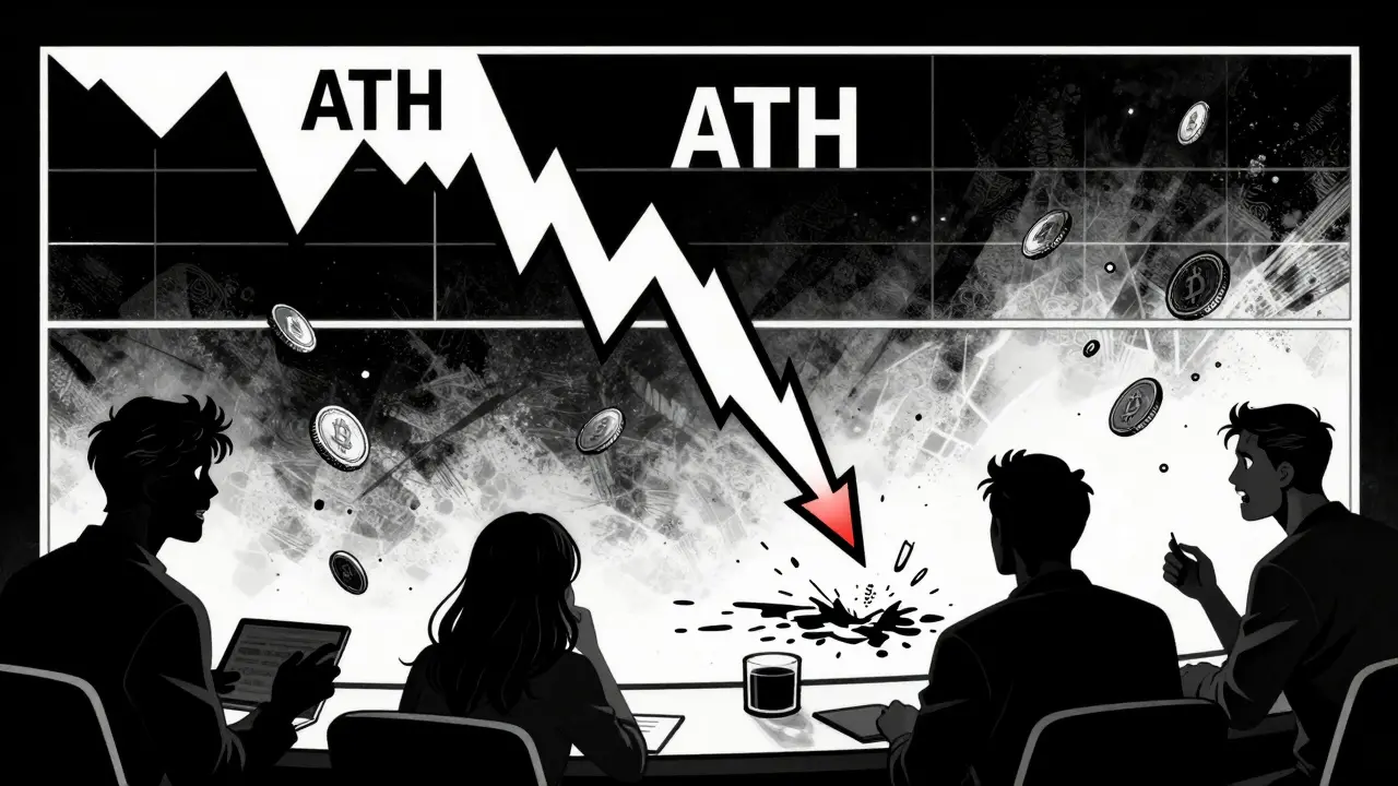 Dramatic comic art of crashing crypto price chart