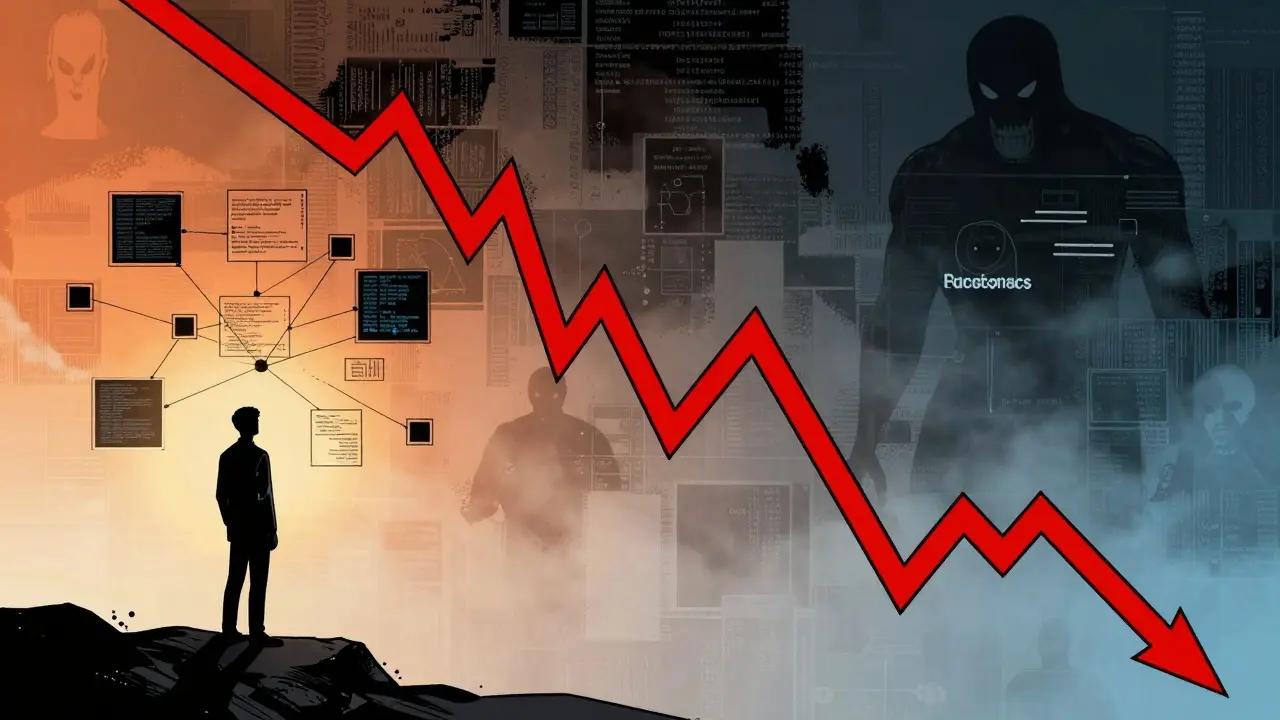Dramatic comic scene illustrating market volatility, smart contracts, and investment risks
