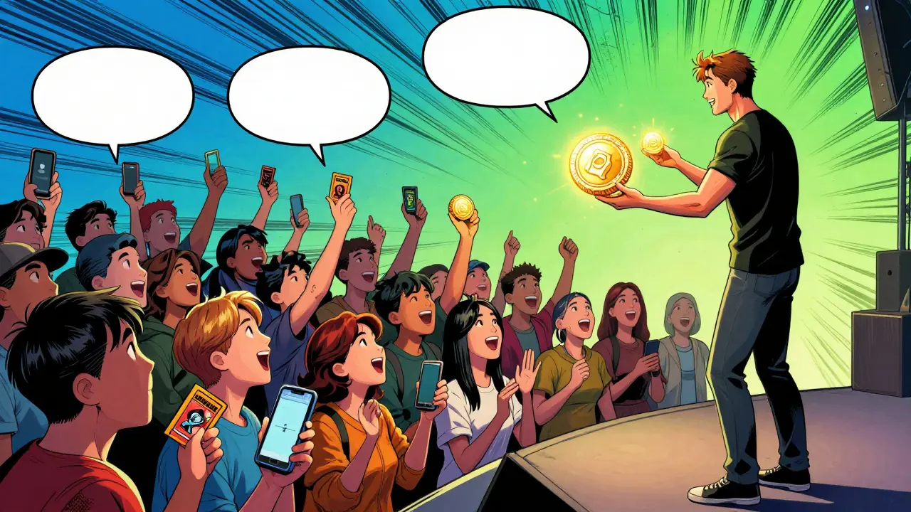 Fans receiving social tokens from creator in graphic novel art