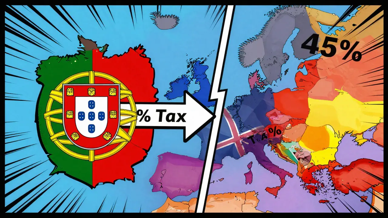 Graphic novel comparing Portugal's crypto tax benefits to other European countries
