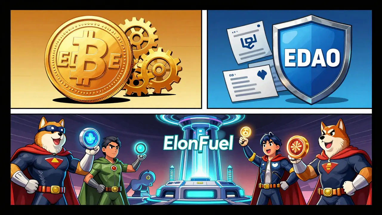 Graphic novel panels showing EDOGE token and EDAO governance shield