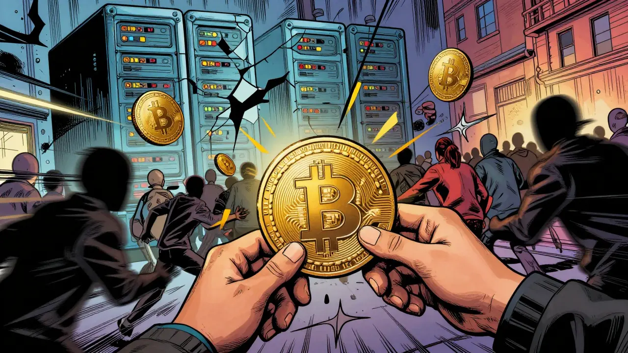 Graphic novel scene depicting Bitcoin transactions spreading rapidly through a crowd via gossip protocol.